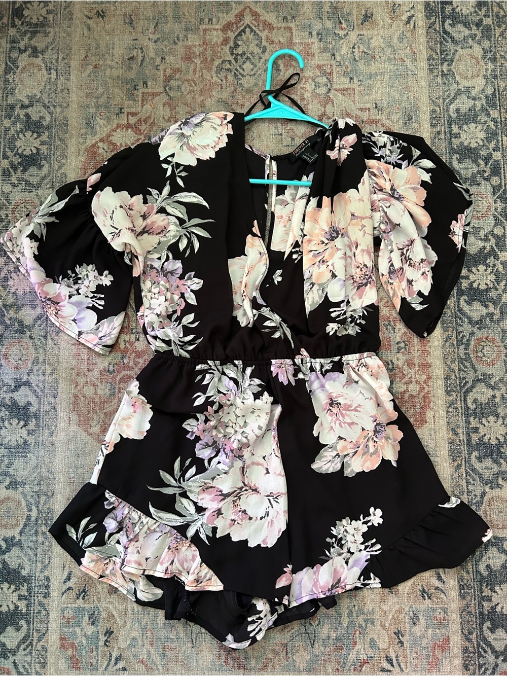 2016 Forever 21 Black Floral Wrap Romper with Pastel Blooms